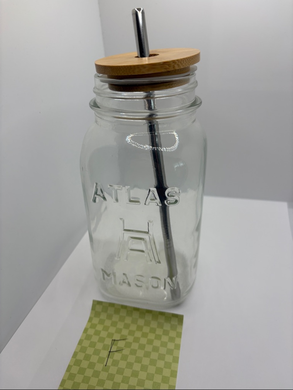 Vintage Atlas Mason Glass Drinking Jar with Bamboo Lid & Stainless Straw - Clear